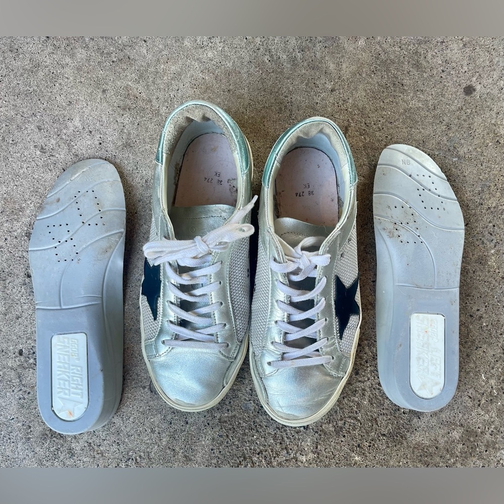 Golden Goose Superstar White Silver Half Green Laminated Leather Sneakers SzEU38 - Picture 8 of 11